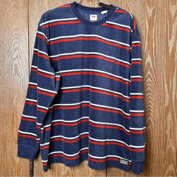 Levis Sweater Men Lg Blue Red White Stripes Fleece Crewneck Relaxed Fit Pullover - Picture 1 of 7